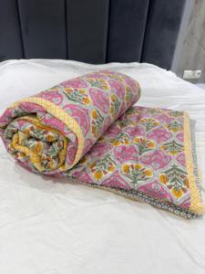 Pink Floral Pure Cotton Malmal <b>Quilt</b> 100x100 Soft Mulmul Hand Block Printed <b>Quilt</b> For <b>Bedding</b> - Product Image 4