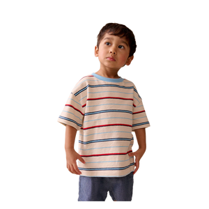 T-shirt rayé à manches courtes et col rond pour garçons, haut décontracté en coton tricoté, coupe classique, motif bleu, rouge et blanc - Product Image 1