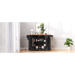 Isola da Cucina K K da 56 Pollici con 4 Ripiani, Presa di Corrente, Strisce Verticali in Rilievo, Piano Ribaltabile in Impiallacciatura di Legno di Gomma - Product Image 1