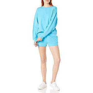 Ensemble sweat-shirt et short oversize cyan uni à col rond pour femme, manches longues, style décontracté streetwear et sportswear, vente en gros OEM ODM - Product Image 3