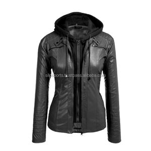 Veste en cuir noire pour femmes sur mesure avec capuche très vendue par OEM vestes chauffantes d'hiver en cuir de haute qualité à bas quantité minimale de commande vente en gros - Product Image 3