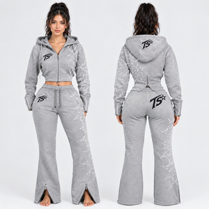 Women's 2 Piece Polyester/Cotton Loose Fit Tracksuit Set <b>Cropped</b> Zip Hoodie Wide Leg Sweatpants Side Stripe Sporty <b>Jogger</b> Black - Product Image 1