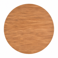Table à manger ronde scandinave moderne en teck massif avec bord arrondi et trois supports courbes pour une utilisation en cuisine