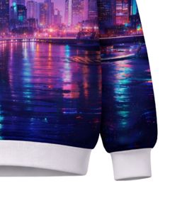 Sudadera Personalizada con Estampado 3D de Ciudad Nocturna en Azul y Morado Neón, Sudadera Casual con Cuello Redondo para Hombre, Top de Sublimación Personalizado para Ropa Urbana - Product Image 6