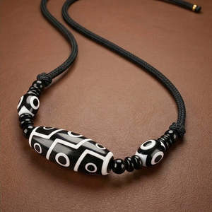 Black Dzi 43mm Natural Crystal Pendant Necklace with Adjustable Leather <b>Rope</b> for Men - Product Image 5