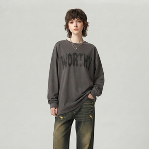 เสื้อยืดผู้หญิงแขนยาวปักคริสตัล โลโก้สั่งทำ ผ้าคอตตอนเนื้อนุ่มหนา 100% ทรงโอเวอร์ไซส์ คอกลม ไหล่ตก เสื้อยืดผู้หญิงปักคริสตัล - Product Image 1