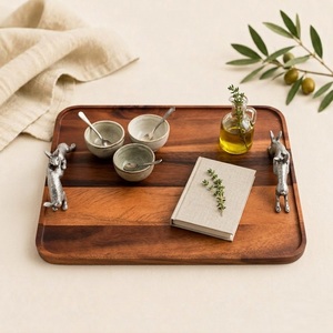 Handcrafted Acacia Wood Serving Tray With Artisan Pewter Hopping <b>Bunny</b> Handles Luxury Rectangular Decorative Platter For Home - Product Image 2