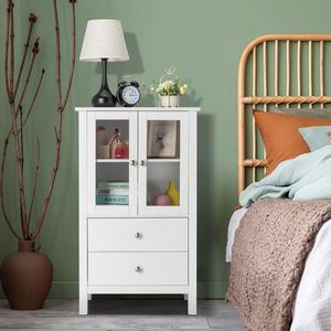 Mobile Laterale Nordico Minimalista in MDF con Doppie Ante e Due Cassetti, Verniciato Bianco, per TV e Bagno - Product Image 2