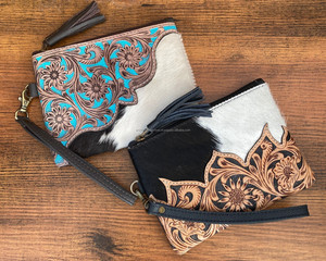 Bolso de mano de cuero de vaca con borlas, bolso de mano pintado a mano con flores de cuero genuino, bolso con cremallera, bolso de mano de cuero de vaca de lujo para mujer - Product Image 4