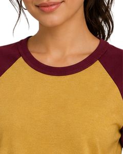T-shirt Raglan Personnalisé Jaune Moutarde et Bordeaux pour Femme – Col Rond Décontracté, Manches Courtes, Mélange de Coton Doux, Tendance Estivale - Product Image 5