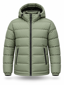 Blouson matelassé vert à capuche pour homme, imperméable, séchage rapide, coupe-vent, décontracté, fermeture éclair, rembourrage en polyester, longueur standard, couleur unie - Product Image 1
