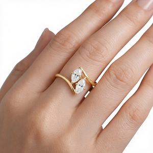 Anillo de compromiso de oro puro de 14K con diamante cultivado en laboratorio Toi et Moi de 1.5 CT, anillo de dos piedras con diamante marquesa, banda de boda apilable. - Product Image 4