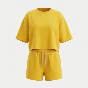 <b>Women's</b> 2 Piece Solid Yellow Knitted Shorts <b>Set</b> Crew Neck Short Sleeve Loose Fit Casual Spring Summer Wear - Product Image 1