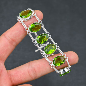 Green Peridot 925 Sterling Silver Chain <b>Bracelet</b> Oval Gemstone <b>Bracelet</b> Handmade <b>Bracelet</b> For Everyone <b>Adjustable</b> 7-8 inch - Product Image 1