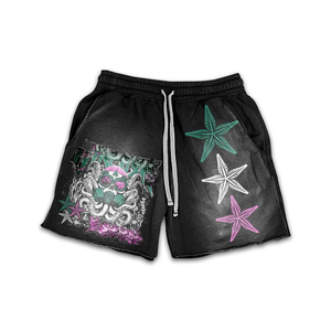 Women 420 GSM Cotton Fleece Acid Wash Shorts <b>Red</b> <b>Spray</b> <b>Paint</b> Graphic Puff Print Rhinestone Custom Logo women's shorts - Product Image 3