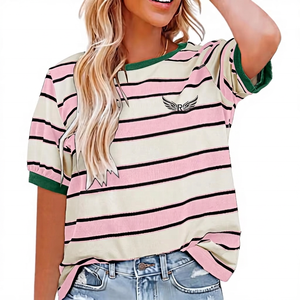 T-shirt sportif à manches courtes en fil teint avec logo aile, coupe ample, décontracté, pour homme, en tissu Oxford, coton tricoté écologique, col rond - Product Image 1