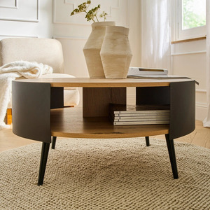 Table basse de salon de style industriel moderne à deux niveaux, en bois et métal, de forme ronde, pour la maison, le bureau ou le salon - Product Image 2