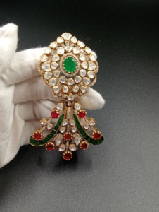 <b>Gold</b> Plated Flower Brooch with Green doublet stone and Red doublet stone for Women Party Jewelry unisex brooch kalangi for groom - Product Image 1