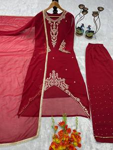 Conjunto de Kurti y Palazzo Bordados de Diseñador con Dupatta |   Traje Étnico de Fiesta en Faux Georgette - Product Image 3