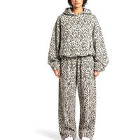 Ensemble de survêtement en molleton noir et blanc à imprimé léopard pour femme, sweat à capuche oversize et pantalon de jogging à jambes larges, streetwear décontracté