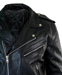 <b>Men's</b> Black Genuine <b>Leather</b> Motorcycle <b>Jacket</b> Turn-down Collar Zipper Closure Regular Sleeve Solid Color Autumn Style - Product Image 3