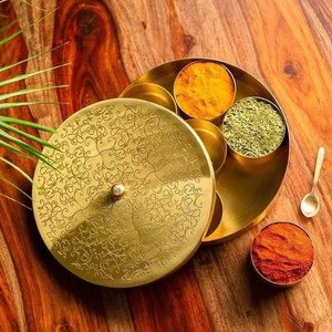 Indian Handmade Pure Brass Spice Box Brass Gold Designer Spice <b>Container</b> Masala Dabba Condiment <b>Food</b> Grade <b>Stackable</b> Detachable - Product Image 1