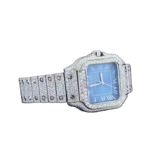 Drop Shipping Montre de luxe classique à la mode en moissanite glacée cultivée en laboratoire avec des diamants Verre saphir Bracelet en acier inoxydable Visage bleu Hanche - Product Image 1