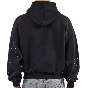 Sudadera con Capucha Unisex, Forrada, con Apliques Bordados y Pedrería, de Felpa Negra, 100% Mezcla de Algodón, Talla Grande, para Invierno - Product Image 3