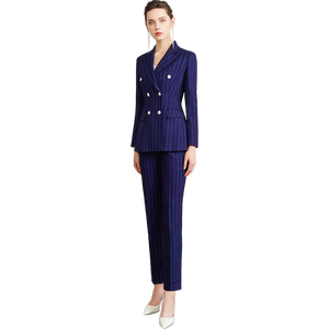 Fábrica personalizada Listra Azul Marinho Double Breasted Escritório Calças e ternos <span class=keywords><strong>blazer</strong></span> Conjunto para Mulheres Negócios Desgaste Calças Ternos - Product Image 6