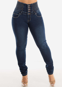 High Waist Light Blue Skinny <b>Jeans</b> With Button Closure Stretch Denim Women's Casual Pants - Product Image 3
