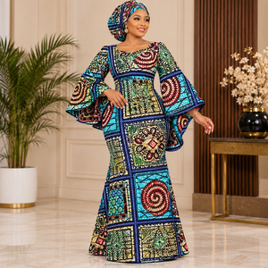 Blue Green Premium African Wax Print Ankara Fabric with Geometric Floral Pattern for Women Dressmaking - Product Image 2