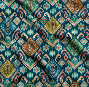 Tissu en coton flexible imprimé Patola vert olive ethnique, imprimé numériquement, à motifs géométriques, pour robe Kurti et chemise homme. - Product Image 1