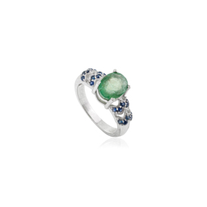 Anillo de Plata de Ley 925 Hecho a Mano con Estilo Art Deco, con Esmeralda Natural y Zafiro Azul, Joyería Fina - Product Image 3