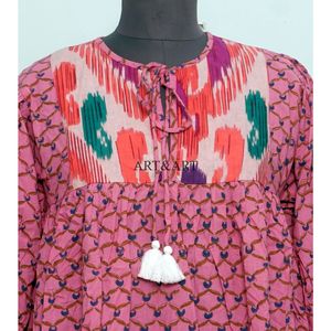 Lot de 2 Robes Midi Bohèmes d'Été Coupe Trapèze, Imprimé Floral Doux, 100% Coton, Col en V, à Paillettes, Décontractées, Manches 3/4, Lavables, Coupe Ample - Product Image 2