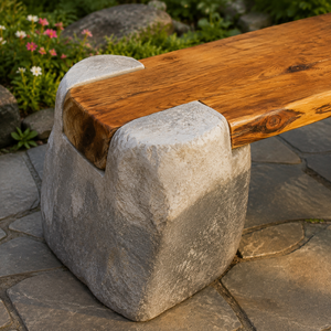 Banc de jardin en bois rustique avec assise en planches naturelles et pieds style pierre pour terrasse extérieure, pelouse, parc et sièges publics - Product Image 3
