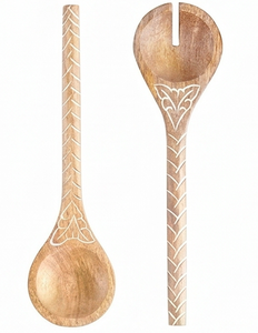 Ensemble de cuillères de service en bois faites à la main avec un design bohème sculpté, couverts réutilisables pour le camping, l'hôtellerie et la restauration - Product Image 1