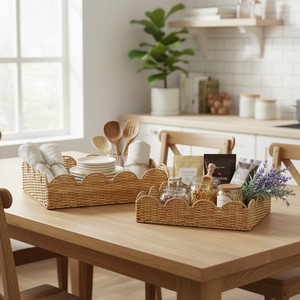 Cestas de Almacenamiento de Ratán Natural Tejidas a Mano, Bandejas con Borde Festoneado para Frutas, Porta Servilletas, Decoración del Hogar, Cestas Apilables - Product Image 5