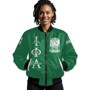 Chaqueta Universitaria Personalizada para Mujer Iota Phi Lambda, Color Verde Esmeralda, Escudo con Letras Griegas en la Parte Delantera y Trasera, Número del Año, Chaqueta Bomber con Cierre - Product Image 1