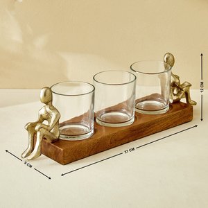 Modern Decorative Triple Glass Candle <b>Holder</b> with Wooden Base and Golden Figurine Accents Tabletop <b>Tealight</b> Stand for Home Decor - Product Image 2