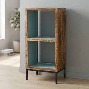 Étagère rustique en bois et fer à 2 cubes avec étagères ouvertes et finition vieillie pour le rangement dans le salon - Product Image 3