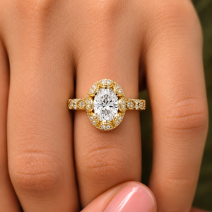 Bagues de fiançailles vintage en or jaune 14K 18K avec diamant de laboratoire ovale à halo festonné style Milgrain, certifiées IGI, bijoux personnalisés, directement de l'usine - Product Image 2