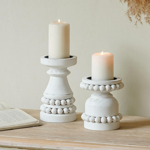 Mini <b>Wooden</b> Beaded Candle <b>Holder</b> Set of 2 Hot Sale Christmas Wedding Home Decor Distressed White Mango Wood Pillar Candle Stands - Product Image 6