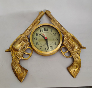 <b>Antique</b> Gold Brass Dual Revolver Shaped Quartz Wall <b>Clock</b> Western Cowboy Gun Decor for Bar Man Cave and Living Room - Product Image 1