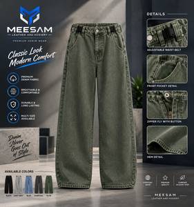 Pantalones Vaqueros Anchos de Cintura Alta para Hombre, Pantalones de Mezclilla Holgados con Cinturón Ajustable, Transpirables, Casuales, Color Oliva - Product Image 1