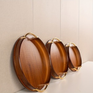 Ensemble de plateaux de rangement et de service en bois de luxe avec poignées dorées, design empilable, idéal pour les collations, les fruits, les noix et une maison élégante - Product Image 2
