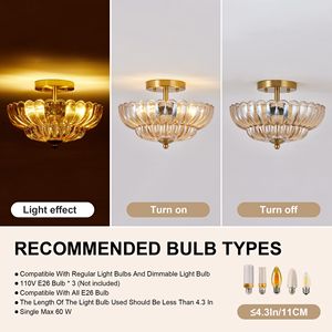 Plafoniera Semi-Incasso da 11,8 Pollici con 3 Luci, Lampada in Vetro a Forma di Fiore, Stile Vintage 30W/18W - Product Image 6