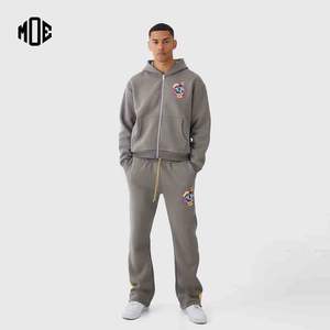 ชุดเซ็ตแทรคสูทแบบมีซิปพิมพ์ลายเอง ทรงบ็อกซี่ ครอป โอเวอร์ไซส์ ผ้าฟลีซสำหรับฤดูหนาว สีชาร์โคล  คุณภาพสูง สำหรับทั้งชายและหญิง - Product Image 1