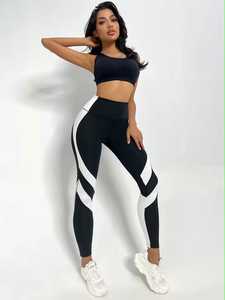 High Waisted Black <b>White</b> Geometric <b>Leggings</b> Full Length Knitted Sporty Stretch Breathable Compression <b>Women's</b> Yoga Wear - Product Image 1
