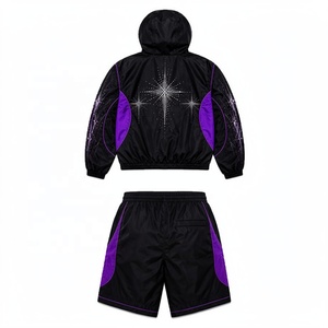 Ensemble de survêtement d'été noir et violet uni scintillant, veste à capuche et short, léger, deux pièces, coupe-vent imprimé personnalisé sur le devant, taille S - Product Image 2