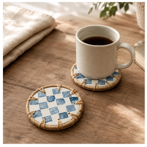 Juego de Posavasos de Cerámica con Mosaico Hecho a Mano de Lujo con Borde de Ratán – Posavasos Azules a Cuadros para Decoración Boho Costera del Hogar - Product Image 5